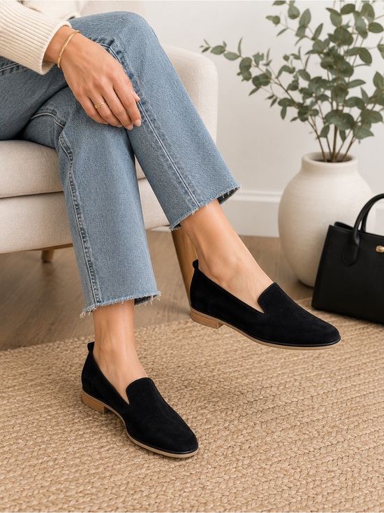 Dr. Scholl's Shoes - DR SCHOLLS BLACK SUEDE LEATHER SLIP ON LOAFERS STACKED LOW HEEL SIZE 7.5